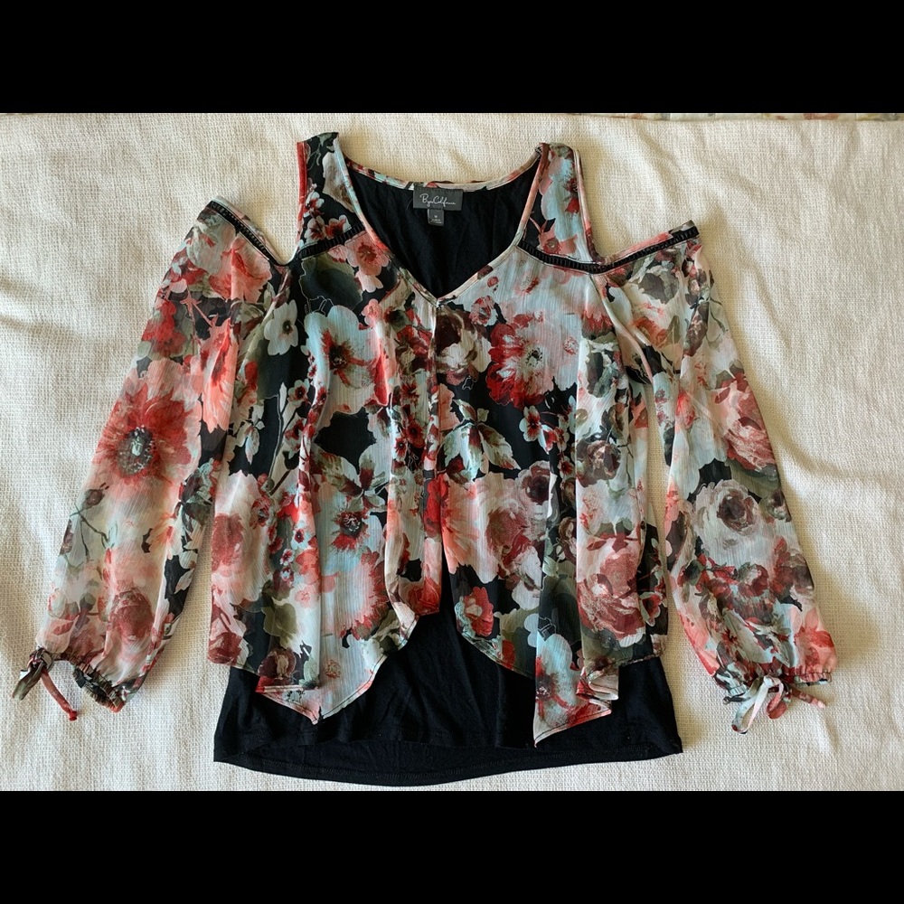 Black floral off the shoulder three quarter length sleeve top/blouse